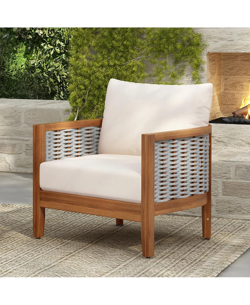 Streamdale Furniture Outdoor Woven Rope Armchair with Acacia Wood Frame and Cushions