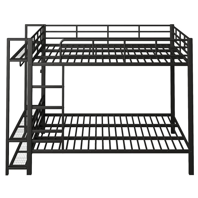 Streamdale Furniture Queen Size Metal Bunk Bed With Storage Shelves, Hooks, And Led Lights