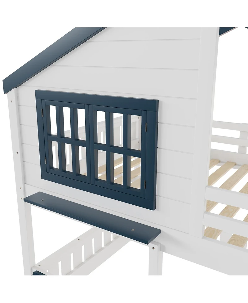 Streamdale Furniture Full Size House Bunk Bed with Bookshelf and Safety Fencing
