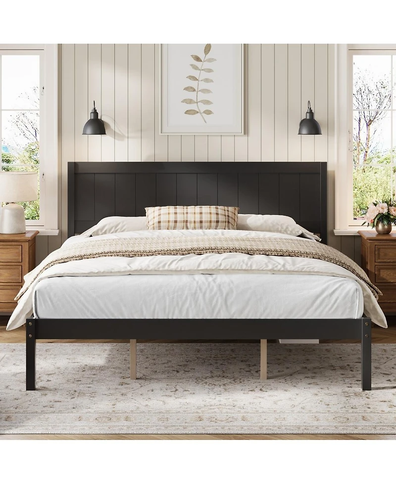 Streamdale Furniture King Espresso Platform Bed Frame with Headboard and Wood Slats