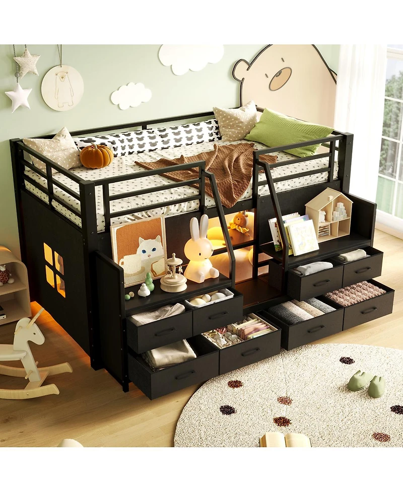 Streamdale Furniture Twin Low Loft Bed with Multi-Storage, Shelves, and Lights