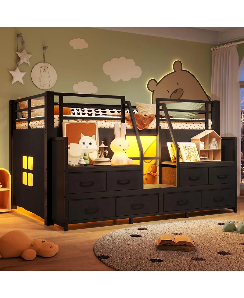 Streamdale Furniture Twin Low Loft Bed with Multi-Storage, Shelves, and Lights