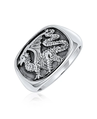 Bling Jewelry Men's Statement Dragon Signet Ring Rectangle Gothic Shield Oxidized .925 Sterling Silver