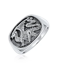 Bling Jewelry Men's Statement Dragon Signet Ring Rectangle Gothic Shield Oxidized .925 Sterling Silver