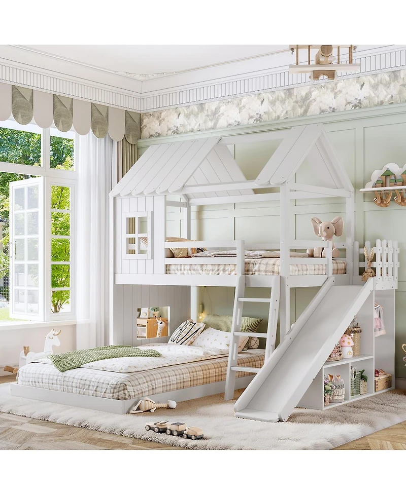 Streamdale Furniture Twin over Full House Bunk Bed with Slide, Storage, and Wardrobe