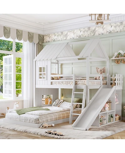 Streamdale Furniture Twin over Full House Bunk Bed with Slide, Storage, and Wardrobe