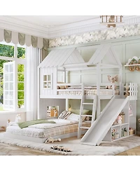 Streamdale Furniture Twin over Full House Bunk Bed with Slide, Storage, and Wardrobe