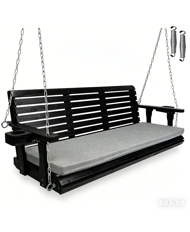 5.5 Ft Extended 3-Seater Wooden Porch Swing with Seat Cushion, Cup Holders, Hanging Chains and 7mm Springs, Heavy Duty 880 Lbs (Dark Brown)