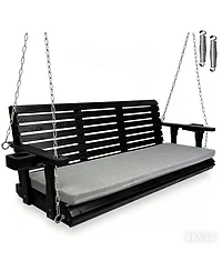 5.5 Ft Extended 3-Seater Wooden Porch Swing with Seat Cushion, Cup Holders, Hanging Chains and 7mm Springs, Heavy Duty 880 Lbs (Dark Brown)