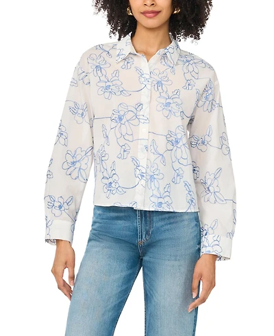 Vince Camuto Women's Cropped Embroidered Button Down Blouse