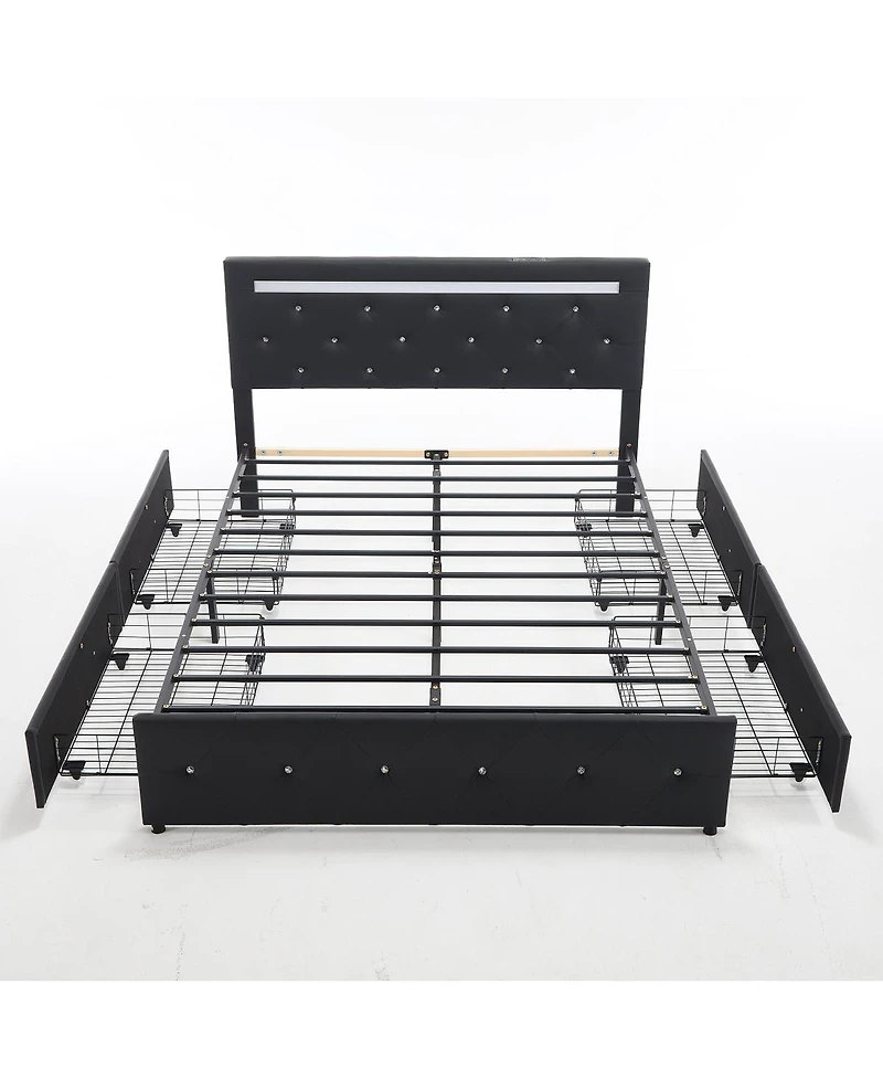 Streamdale Furniture Bed Frame with Led Lights, 4 Storage Drawers and Charging Station