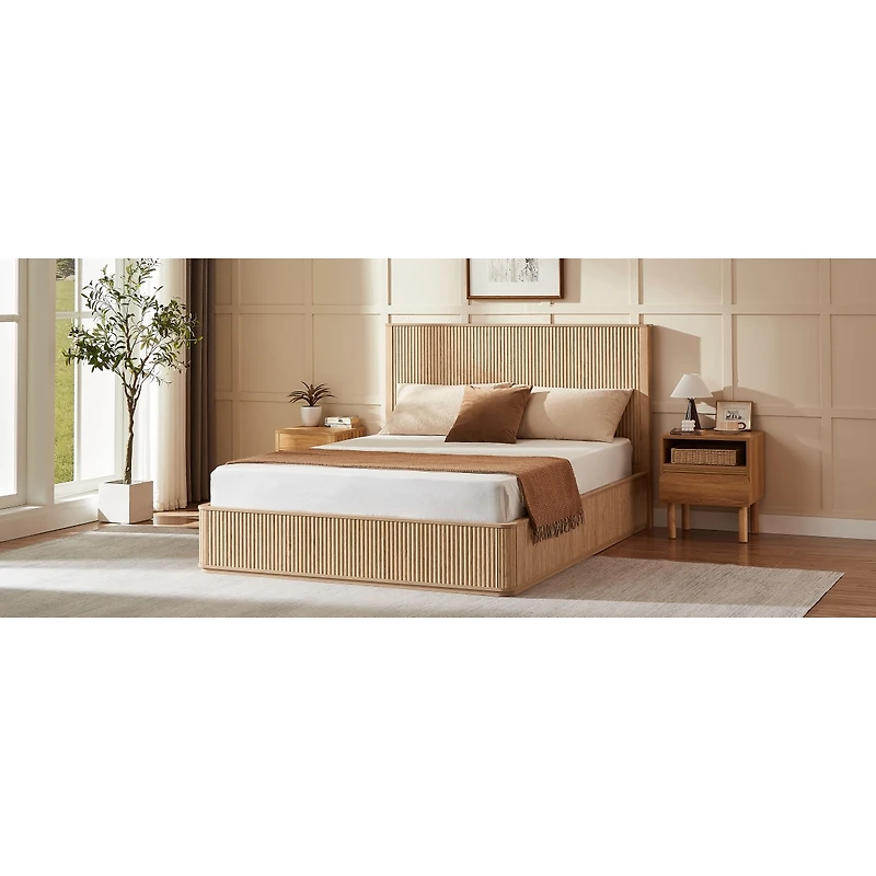 Streamdale Furniture Wavy Wood Grain Platform Bed Frame, 44" High Headboard