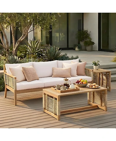 Streamdale Furniture Acacia Wood 3-Seater Sofa Set with 2 Coffee Tables - Teak Look