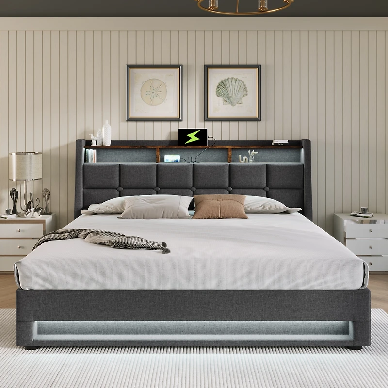Streamdale Furniture Upholstered Platform Bed with Hydraulic Storage, Led and Charging Station