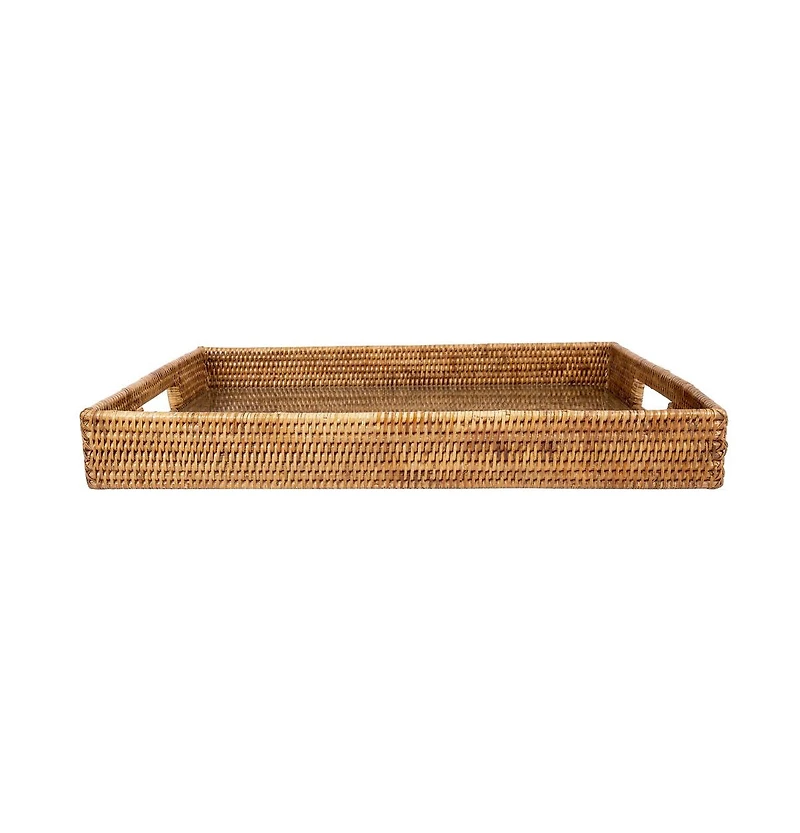 Artifacts Trading Company Rectangular Rattan Tray with Cutout Handles and Glass Insert
