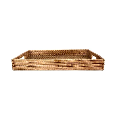 Artifacts Trading Company Rectangular Rattan Tray with Cutout Handles and Glass Insert