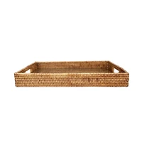 Artifacts Trading Company Rectangular Rattan Tray with Cutout Handles and Glass Insert