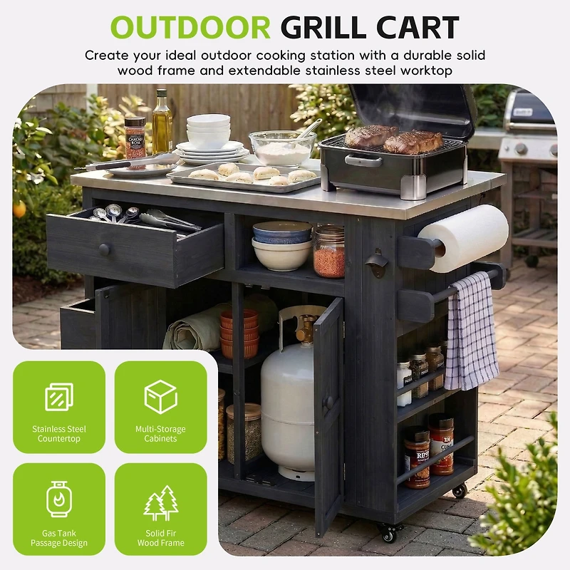 Streamdale Furniture Outdoor Extendable Stainless Steel Top Kitchen Island And Grill Cart