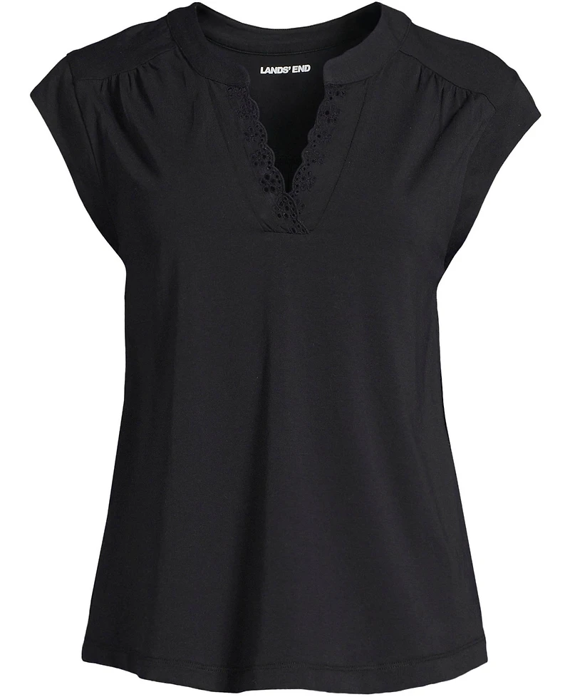 Lands' End Women's Cap Sleeve Lightweight Jersey Lace Shoulder Tee