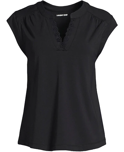 Lands' End Women's Cap Sleeve Lightweight Jersey Lace Shoulder Tee