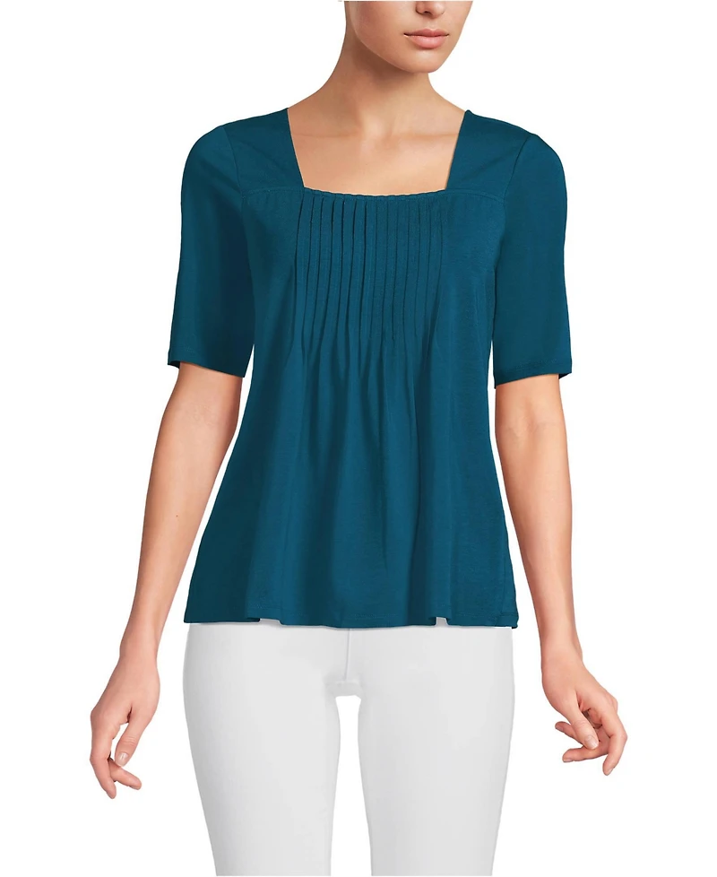 Lands' End Women's Elbow Sleeve Lightweight Jersey Pintuck Square Neck Top