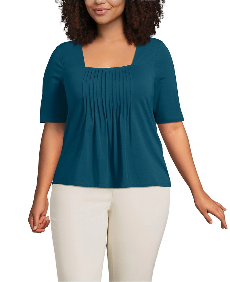 Lands' End Plus Elbow Sleeve Lightweight Jersey Pintuck Square Neck Top
