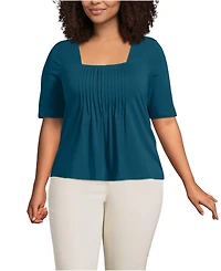 Lands' End Plus Elbow Sleeve Lightweight Jersey Pintuck Square Neck Top