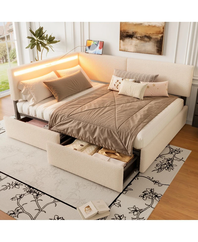 Streamdale Furniture Full Size Boucle Cloud Bed Frame with Storage, Led Lights and Usb