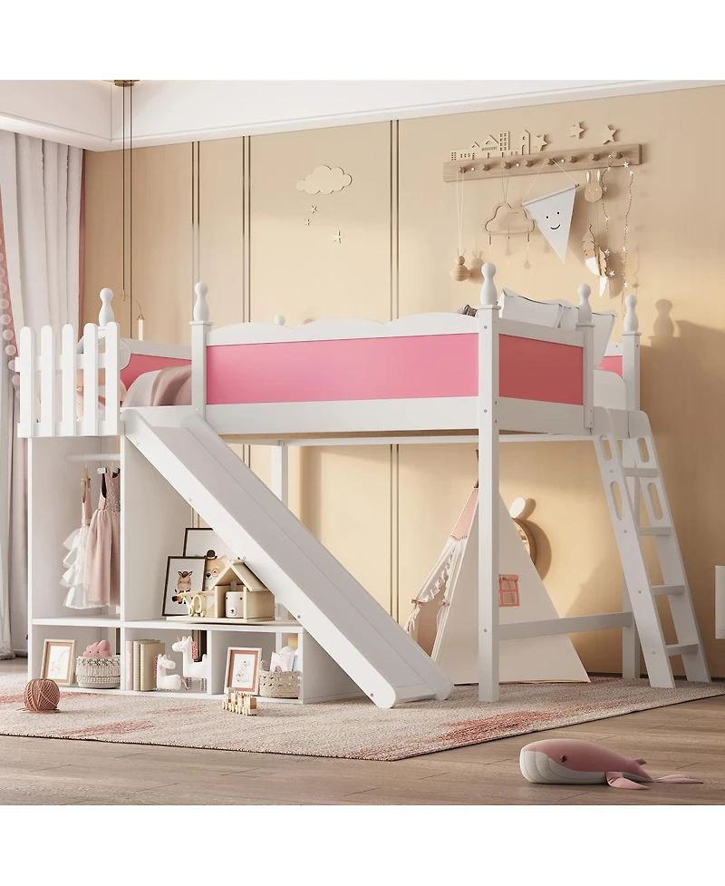 Streamdale Furniture Loft Bed with Storage, Wardrobe, and Slide, Solid Wood