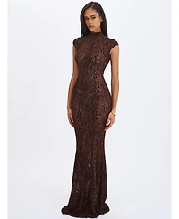 Miss Circle Women's Tyanna Mocha Burnout Velvet Mesh Backless Mermaid Maxi Dress