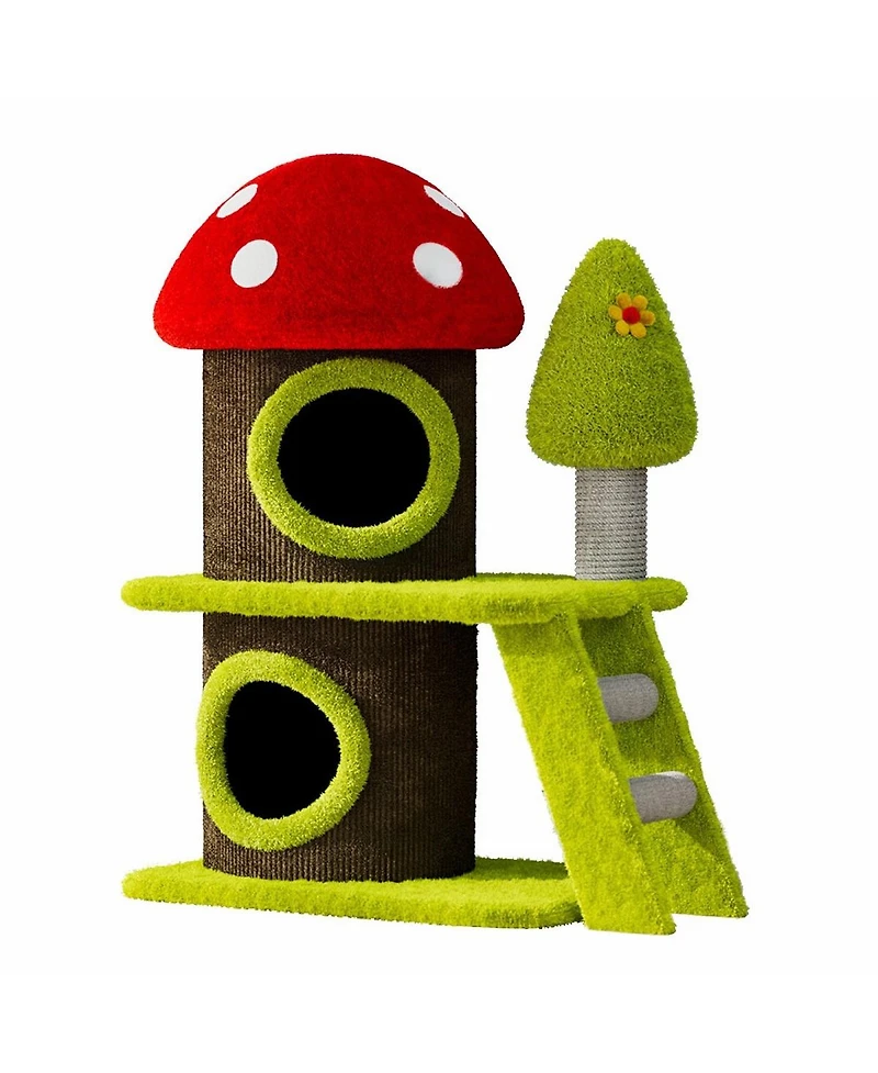 6thdruple Modern Cat Tree Tower, Green Mushroom Cat House with Sisal Scratching Posts for Multi-Cats