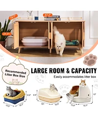 6thdruple Cat Litter Box Enclosure, Natural Wooden Furniture Cabinet with Rattan Doors, Hidden for 2 Cats