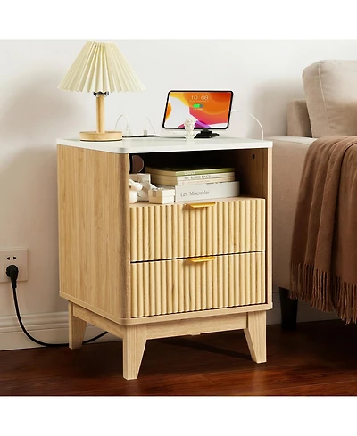 homfan 18 Inch Small Nightstand with Charging Station and Faux Marble Top, 2 Drawers Modern Curved Bedside Table for Bedroom Living Room