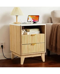 homfan 18 Inch Small Nightstand with Charging Station and Faux Marble Top, 2 Drawers Modern Curved Bedside Table for Bedroom Living Room