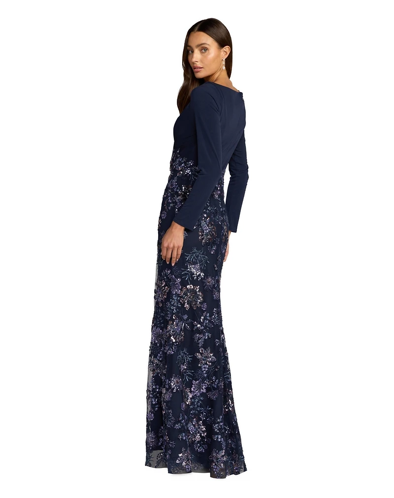 Mac Duggal Women's Floral Embroidered Jersey Long Sleeve Gown