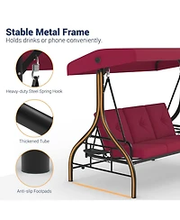 homfan 3-Seat Outdoor Swing with Adjustable Canopy, 2-in-1 Swing Bed, Thick Cushions, Cup Holders and Tray, Weather-Resistant Patio Furniture