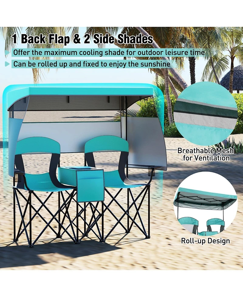 Sugift Double Beach Chair with Adjustable Canopy and 3-Side Shading Curtains