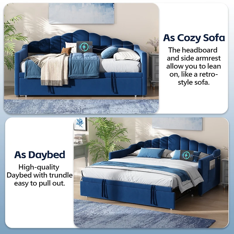 Streamdale Furniture Daybed with Pop-Up Trundle and Charging Ports