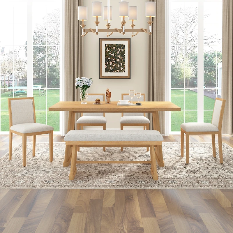 Streamdale Furniture Farmhouse 6-Piece Dining Set with Bench and Linen Chairs
