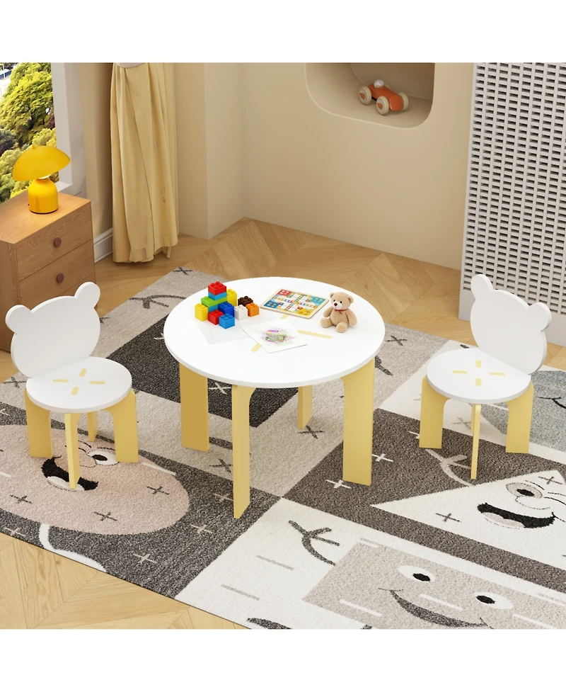 Rainsken 3 Piece Wood Table and Chair Set, with 2 Bear-Back Chairs, Wood Activity Table Drawing Play Table Set, for Drawing, Snacks