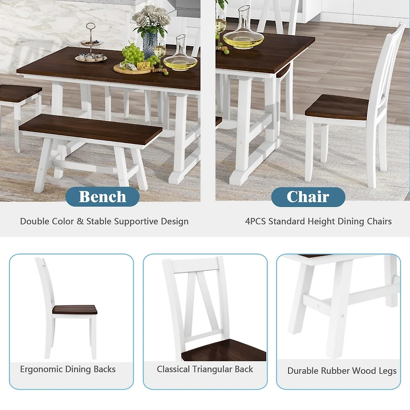 Streamdale Furniture Farmhouse 6-Piece Dining Set with Bench and 4 Chairs