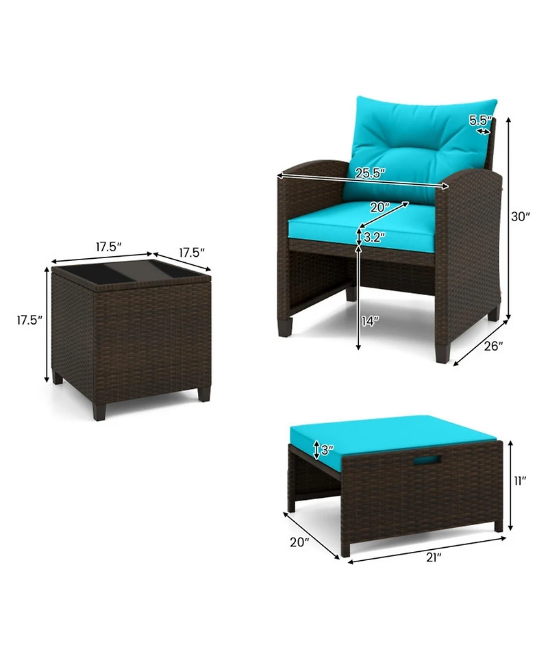 Sugift 5-Piece Patio Rattan Furniture Set with 2 Ottomans and Tempered Glass Coffee Table