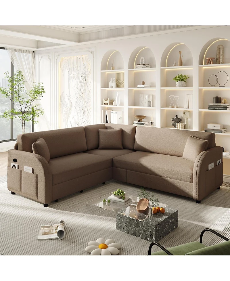 Streamdale Furniture L-Shaped Sofa Bed with Usb, Teddy Upholstered Sectional