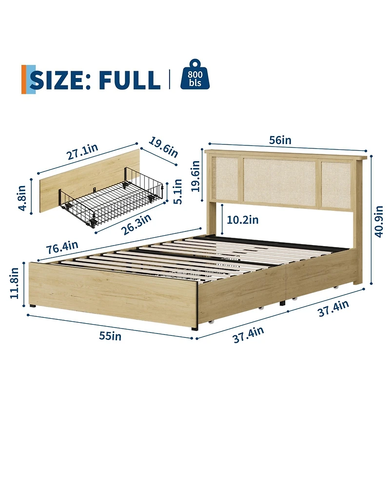 homfan Rattan Bed with Headboard, Bed Frame with Led Lights and 4 Storage Drawers, Wood Foundation with Silent Slats