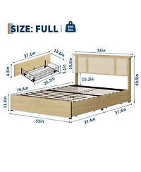 homfan Rattan Bed with Headboard, Bed Frame with Led Lights and 4 Storage Drawers, Wood Foundation with Silent Slats