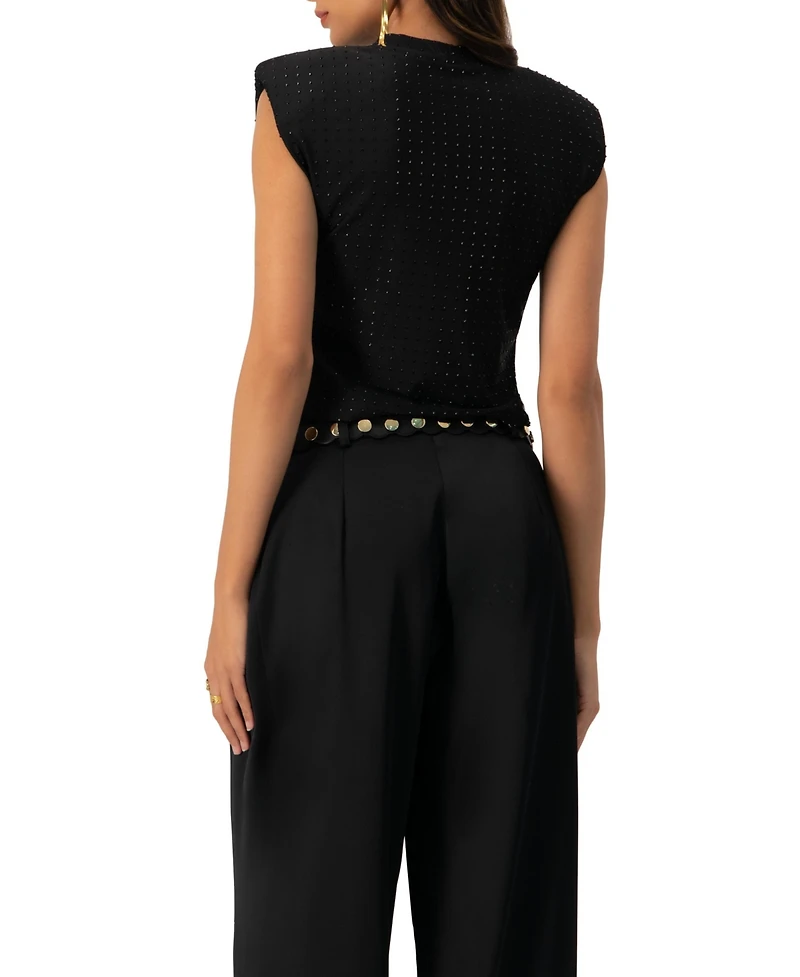 Ivonne Women's Padded-Shoulder Cropped Rhinestone Top