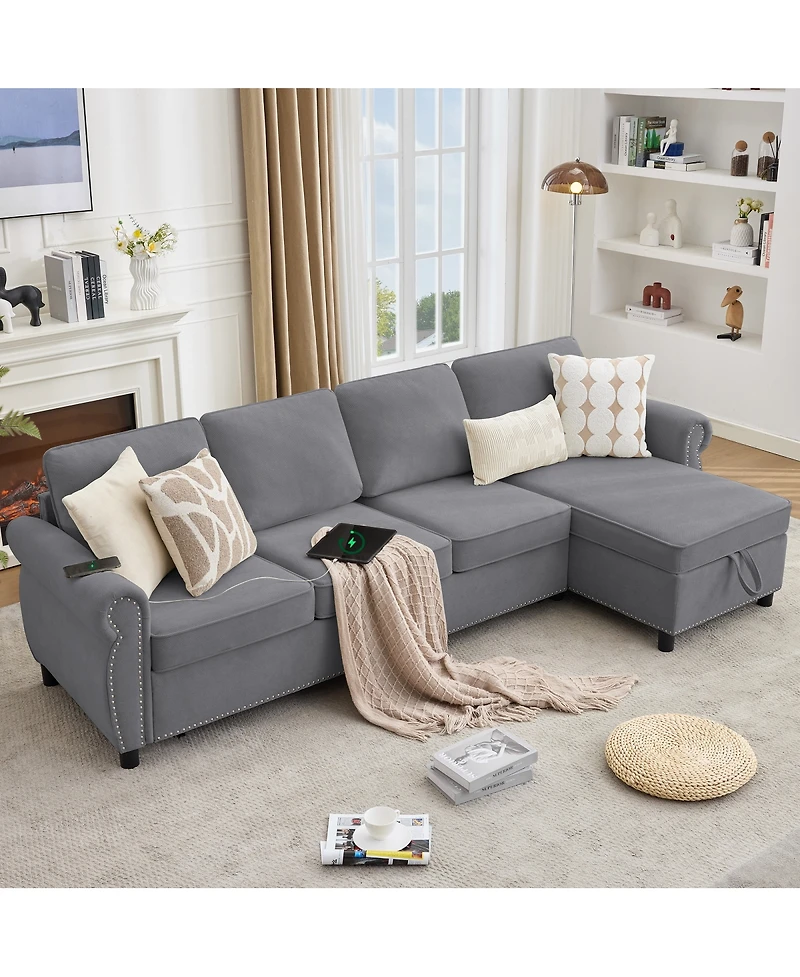 Streamdale Furniture 106.5" Modular L-Shape Sofa Bed with Charging and Storage