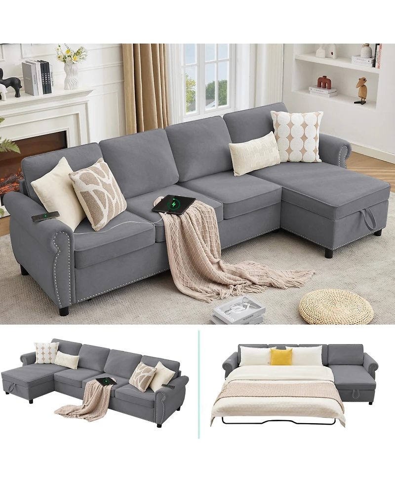 Streamdale Furniture 106.5" Modular L-Shape Sofa Bed with Charging and Storage