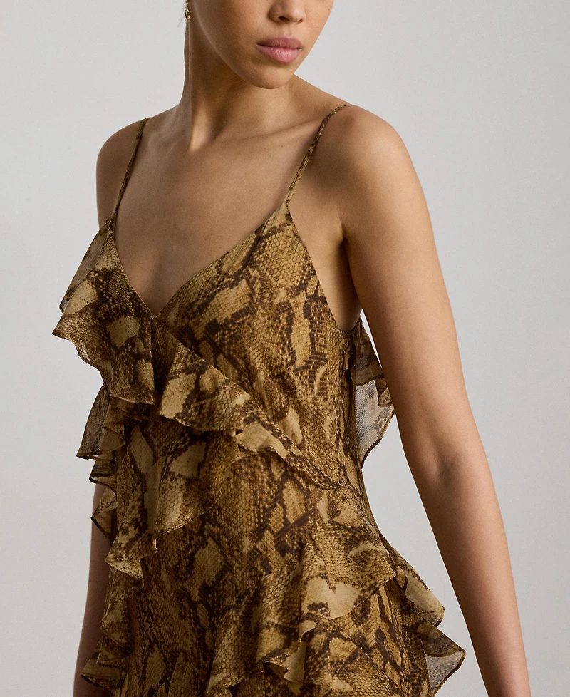 Lauren Ralph Women's Python-Print Ruffle-Trim Georgette Gown