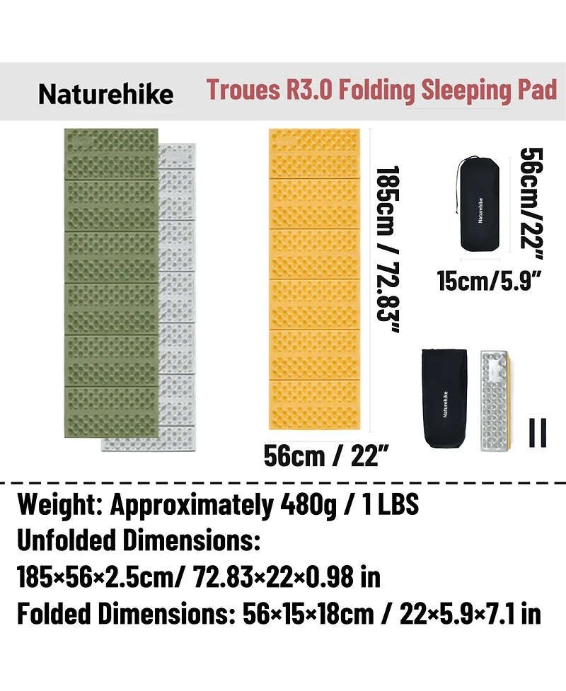 Naturehike Ultralight Foam Sleeping Pad-R3.0 Closed Cell Mattress,Thick Portable Folding Mat for Backpacking,Waterproof and Compact Camping,Travel